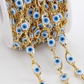 Golden stainless steel chain roll with blue evil eye beads for DIY jewelry making - Gold