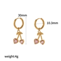 Gold cherry drop earrings with pink heart crystals and technical measurements on white background - Pink Cherry Style (TE60445-PK)