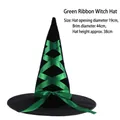 Halloween witch hat in black fabric with green ribbon corset lacing and decorative bow - Lace-up Witch Hat Green