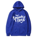 Navy blue Halloween hoodie featuring Spooky Vibes print and bat graphics in size M - Blue