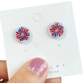Detail of glitter American flag star stud earrings on a white display card for July 4th - Round Firework / Color 11