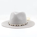 Grey woven bohemian fedora sun hat with shell and wood bead decorative band - Gray