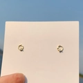 Minimalist gold hoop earrings with small zircon stone on a pink card against blue sky - 925 Silver Needle / Gold Round Loop