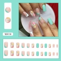 Mint green and pink medium square press-on nails with floral and dot designs, 24 piece set - Fresh Summer Flower (W414)