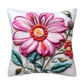 Detailansicht der 3D-bestickten rosa Blume und grünen Blätter auf weißem Kissenbezug - Rosa Weiße Große Blume und Grünes Laub (19) / 45x45 cm