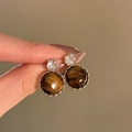 Handheld 14K gold plated earrings with tiger eye stone and brilliant zircon crystals - Round Tiger Eye With Single Rhinestone Style (4#)