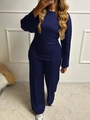Women's casual two-piece navy blue lounge set with long sleeves and wide-leg trousers - XS / Navy Blue