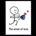 Handmade greeting card featuring a natural heart-shaped stone and arrow of love illustration - Larvikite