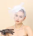 Elegant white polka dot bridal veil fascinator with feather flower and lace glove - White