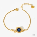 Gold stainless steel snake bracelet featuring a round blue crystal and lobster clasp - Snake Bracelet (SAK981)
