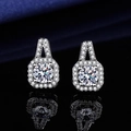 Square sterling silver halo stud earrings with sparkling cubic zirconia on black surface - Square Halo Studs (LED-40)