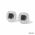 French vintage silver earrings with square black gemstone and halo zircon settings - Silver Black Zirconia