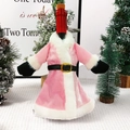 Pink Santa dress wine bottle cover with white plush trim and decorative belt design - Pink Velvet Dress Style