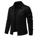 Detail of men's black suede jacket featuring classic lapels and metal zipper closure - Black