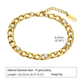 Detail view of 6.2mm gold stainless steel chain bracelet with five round cubic zirconia - Gold Zirconia Cuban Link Bracelet (BR-1404GW)
