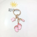Pink enamel baby theme keychain with baby footprints and milk bottle pendants - Style E / Pink