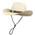 Detail of beige straw cowboy hat with turquoise leather band and black chin strap - M (56-58cm) / Beige