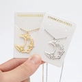 Gold and silver stainless steel crescent moon necklaces with hollow floral pendants - Moon and Flower
