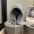 Winter grey knit balaclava with black buttons and thick textured drawstring style - Balaclava-Grey