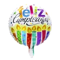 Round white aluminum foil balloon with Feliz Cumpleaños Spanish text and stars - Round Spanish Birthday Colorful Candle Balloon