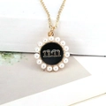 Golden pearl necklace featuring a lucky 11:11 number pendant with black drip oil finish - Black