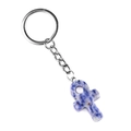 Amethyst Ankh cross keychain with blue marble texture stone and silver metal ring - Blue Spot Stone