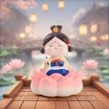 Cute girl figurine in pink lotus seat with calligraphy brush crafted from resin - Shu Style (1213-13)