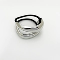 Silver layered metallic bow charm on double black elastic hair bands for women - Open Wave Texture / Silver