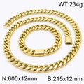 Set de collar y pulsera de cadena cubana dorada de 12mm en acero inoxidable - Juego De Color Dorado (KS200610-KFC)