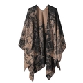 Knit striped reversible poncho wrap in brown and black pattern on white background - Retro Classic-Black Brown