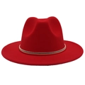 Detail of red wide brim fedora hat featuring a stylish gold metal band accessory - Red (Gold Ring)
