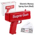 Red electric money gun toy set with paper props and packaging box in a neutral white background - Red (Supre Gun) / Red Money Gun with Supre + 100 Notes