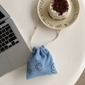 Light blue corduroy drawstring storage bag featuring a minimalist black smiley face pattern - Light Blue Gray Smiley Face