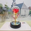 Red holographic rose in glass dome with LED lights and black base - Red (Warm Light)