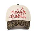 Detailed view of Merry Christmas embroidery and leopard print brim on a baseball cap - Leopard Print