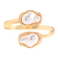 Golden open cuff bracelet with irregular white baroque pearls on a textured metal base - Gold Double Baroque Pearl Open Bracelet (1683)