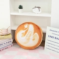 Close-up of a round latte art pillow with a realistic white swan coffee pattern design - Swan Latte Art (Style 5) / 36CM