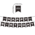 Racing themed Happy Birthday banner detail showing size dimensions 12cm by 15cm per flag - Black Checkered Racing Banner