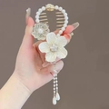 Elegant gold hair clip with white lily of the valley pearls and floral tassels - J17 Five-Petal Flower Claw Clip