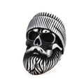 Retro stainless steel biker ring featuring a bearded skull wearing a knit beanie hat - US 7 / Steel Color (11505)