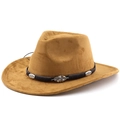 Cappello da cowboy marrone in feltro con fascia in pelle e foglie di metallo jazz - M (56-58cm) / Cachi