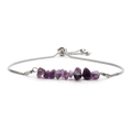 Adjustable silver bracelet featuring natural purple amethyst stones on white background - Steel & Amethyst