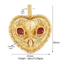 Golden heart-shaped owl pendant with red zircon eyes and detailed feather engraving - M778633-Gold Owl Red Eyes