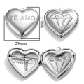 Stainless steel heart locket pendant with TE AMO engraving and geometric diamond pattern - A119-Te Amo/Diamond Pattern