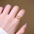 Adjustable golden double layer ring set featuring V-shape and bowtie crystal designs - Gold
