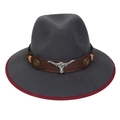 Dark gray wool cowboy hat with red trim, brown leather band, and silver bull head detail - M (56-58cm) / Gray (90 Series Bull Head Buckle Decor)