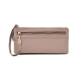 Close-up of pink litchi grain leather wallet with golden leaf zipper and hand strap - Leaf Pull Style / Apricot