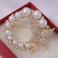 Elegant gold-toned butterfly brooch with white pearls and rhinestones in a red gift box - Xd11446