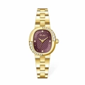 Women's gold quartz watch with oval purple lattice dial and rhinestone accents - Gold Case Red Dial
