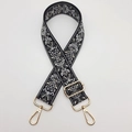 Ethnic style black and white embroidered bag strap with gold metal hooks and buckle - Black Grey Gold Hook